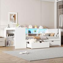 Medinė platforminė lova 90x200 su stalčiais, LED ir lizdais balta