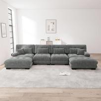 Modulinė kampinė sofa U formos, 4 vietų, su kilnojamu pufu, pilka, chenille audinys