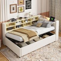 Polsteriuota lova 90x200 cm su hydrauline saugykla, LED, USB/Type-C, lentynėlėmis, beige