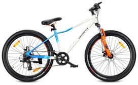 26 colių MTB kalnų dviratis Shimano 7 greičių su amortizatoriumi, diskiniais stabdžiais ir stoveliu Verdant Calix – baltas, mėlynas, oranžinis