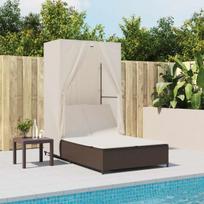 Dvigulė saulės gultas vidaXL rudas iš poli rotango su stogeliu ir užuolaidomis