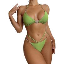 1 komplektas bikini maudymosi kostiumėlis paminkštintos liemenėlės be apačios Sexy Halter V kaklo dirželiu plaukimo dviejų dalių rinkinys suskirstytas bikinio vasaros moteriškas maudymosi kostiumėlis paplūdimio dėvėjimas M žalia