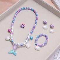 Undinėlės uodegos kriauklės vėrinys ir apyrankės rinkinys mažoms princesėms - vaikiški papuošalų aksesuarai Fishtail five-piece set violetinė