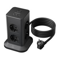 TESSAN kelių lizdų maitinimo juostelė su 11/12 lizdų 3/5 USB prievadų EU kištuko prailginimo lizdas su 2M kabelio apsaugos nuo perkrovos jungikliu namams, biurui 12 Outlets 2Type-C 3 USB A juoda