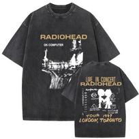 Per dydžio rūgštimi skalbinių marškinėliai trumpomis rankovėmis su „Radiohead“ „OK Computer“ ir 1997 m. gyvo turo vintažiniu grafiniu spaudiniu L