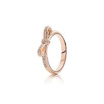 Pandora blizgus kaspinėlis dedamas žiedas Moteriški žiedai Rožinio aukso 180906CZ Box,52