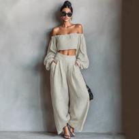 European-American Off-Shoulder Top and Wide-Leg Pants Two-Piece Set - Loose Summer Vacation Style for Women M kreminė