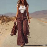2026 Women's Retro Western Suede Tassel Wide-Leg Overalls Extra Large vyno raudonos spalvos