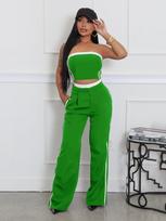 European Summer Chic Strapless Top & Wide Leg Pants Set L žalia