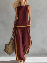 2026 Sleeveless Color Block Wide-Leg Jumpsuit: Women's Summer Casual Fashion Two-Piece Set, European & American Style Large vyno raudonos spalvos