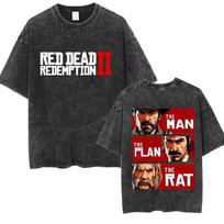 Per dydžio rūgštimi skalbinių apdorojimo vintažiniai trumpomis rankovėmis marškinėliai su „Red Dead Redemption 2“ logotipu ir „Žmogus, planas, žiurkė“ memu dvipusiu grafiniu spaudiniu L