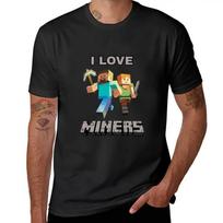 Negabaritinis juodas trumpomis rankovėmis marškinėlis su Minecraft Steve ir Alex,  AŠ MYLIU MINERIUS  juokingas pikselių grafikos spaudinys smėlio dėžės žaidimų entuziastams 4XL black