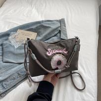 Eco-Friendly Japanese Style Embroidered Crossbody Bag for Women - Nylon Small Square Handheld and Shoulder Bag pilka spalva