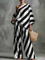 Retro Stripe Print Chiffon Top & Wide-Leg Pants Set Triple Extra Large rožinė