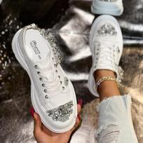 Ultra-light Water-drill Daddy Chain Decoration Platform Wedge Shoes, Fashionable Canvas Shoes 35 balta