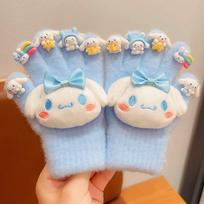 Children's Kuromi Fingerless Fleece-Lined Gloves for Girls - Warm, Cold-Proof, Five-Finger Autumn/Winter Gloves pink