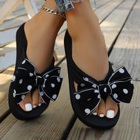 Women's Flip-Flops, Black Polka Dot Bow EVA Comfortable Lightweight Breathable Thick-Soled Wedge Heel Versatile Non-Slip Beach Sandals and Slippers 35 juoda