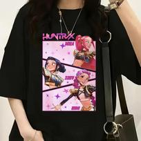 Anime HUNTRX Mira Zoe Rumi Character T-Shirt - Oversized Black Casual Short Sleeve Round Neck Tee with HUNTRX Logo & Iconic Trio Design 4XL