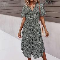 Women's Printed Fashion Casual Resort Sexy Short Sleeve V-Neck Dress L juoda