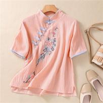 Summer Women Chinese Style Floral Embroidery Mandarin Collar Blouse M rožinė