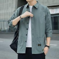 Fashionable Brand Thin Shirt Summer Trendy 7-quarter Sleeve Men's New Style Business Casual Work Versatile Jacket Youth Trend L žalia
