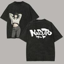 Naruto Hinata Hyuga „Modernus gatvės stilius“ Vintažiniai skalauti Oversized juodi marškinėliai | Shonen anime gerbėjų unisex gatvės aprangos marškinėliai L
