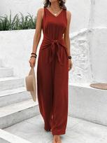 2025 Women's V-neck Wide-leg Sleeveless Twisted Bustier Jumpsuit XL vyno raudonos spalvos