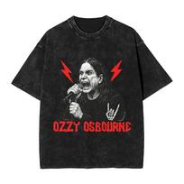 Per dydžio rūgštimi skalbinių paveiktas vintažinis trumpomis rankovėmis marškinėlis su Ozzy Osbourne gyvo pasirodymo scenos metalinės rankos grafiniu spaudiniu L