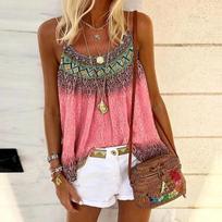 Women's Casual Summer Loose Round Neck Sling Printed Vest Vacation Beach Sling S rožinė