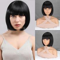 „Miss Wig“ trumpas tiesus perukas su kirpčiukais Sintetinio pluošto purpurinės spalvos perukas moterims kasdieniam dėvėjimui „Cosplay“ 25cm