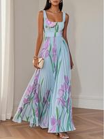 2026 European and American Women's Spaghetti Strap Digital Floral Pleated Long Dress XXL white