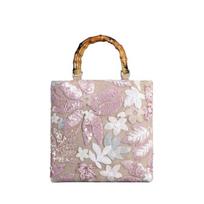 Women's Retro Tote Bag Vintage Pink Embroidery Sequin Bamboo Handle Handbag Elegant Fashion Bag Daily Commute Shopping Travel Bag 30*30*2cm rožinė