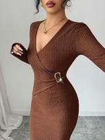 Cross Neck Knit Texture Solid Color Slim Fit Flattering Dress Women Winter Mature Style French Retro Patchwork Slim Sexy Elegant Women Maxi Dress S tamsiai ruda spalva