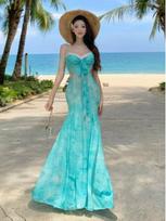 French Style Floral Open-Back Green Camisole Dress for Women - Summer Beach Photography Mermaid Skirt S blue