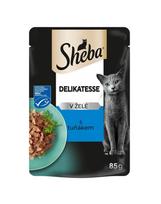 SHEBA Delicacy maišeliai 85g drėgnas visavertis maistas suaugusiems katėms gabaliukai su tunu želė