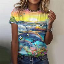 3D Printed Dolphin Wolf T Shirt For Women Marine Life Pattern Short Sleeves Summer Casual O-Neck Tops Tees Loose Women T-Shirts M