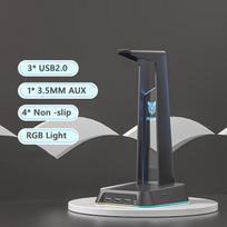 ONIKUMA ausinių stovo laikiklis su trimis USB 2.0 prievadais +3,5 mm AUX lizdas Cool RGB Light Support HUB duomenų perdavimo suderinama pelės klaviatūra juoda