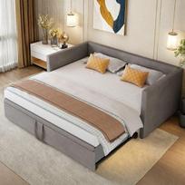 Lova 90 x 200 cm, išskleidžiama sofa-lova su grotelių rėmu, aksomas, pilka