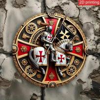 Metalinis sienos meno kūrinys Riteris Templierius Dekoras Šarvuotas Riteris Kryžiaus Dizainas Metalizuota Apdaila 20x20