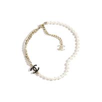 Chanel Dvigubo C Grandinėlės Papuošimas Metalas Imituotas Perlas Karoliai Moteriški karoliai Off-White ABC873-B15989-NW562 F,Ecru white