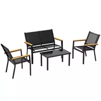 Metalo sodo baldų komplektas 4 asmenims: 2-vietė sofa, kėdė ir pagalbinis staliukas 110x63,5x84 cm, juodas