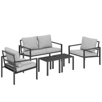 Lauko baldų komplektas 4 asmenims, atsparus oro sąlygoms, balkonų baldų rinkinys su 2 vietų sofa, foteliu, sėdynių pagalvėlėmis ir šoniniu staliuku, šviesiai pilkos spalvos