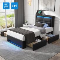 Minkšta lova 90x200 cm su LED, USB ir 4 stalčiais, juoda (be čiužinio)