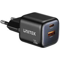 Unitek WALL CHARGER 2X GAN USB-A & USB-C 20W BLACK P1128ABK01-EU