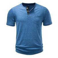 Vyriški meliruoti raštuoti medvilniniai Henlio marškinėliai - 3 sagos, kontrastinga plokštelė, krūtinės kišenė, apvali apykaklė, laisvalaikio, slim fit, kasdieniai viršutiniai drabužiai, įvairių vienspalvių spalvų S mėlyna