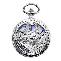 TREEWETO Mechanical Pocket Antique Roman with Chain Watch, Railway-themed Skeleton, Numerals, Silver,