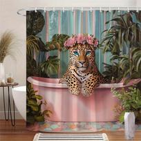 1 vnt. Keistas leopardas rožinėje vonioje dušo užuolaida su gėlių vainiku ir žaliu augalu, siurrealus namų vonios kambario dekoras 90X180CM