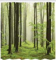 Buko miško dušo užuolaida su kabliukais – Rytinė migla kalnų miškuose, gamtos peizažas vonios kambario dekoras 90x180cm35x71in