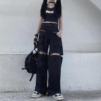 Techwear Gothic Black Cargo Kelnės Moteriškos Gatvės Apranga Hollow Out Punk Plačios Kojos Oversize Kišenės Kelnės Moterims Hip Hop L juoda