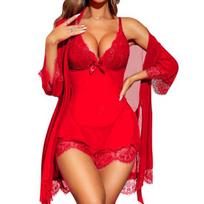 Seksualus nėriniuotas pižamos komplektas moterims: Babydoll, naktinė suknelė ir kimono chalatas su stringais, 3 dalių permatomas tinklinis naktinis drabužių komplektas S